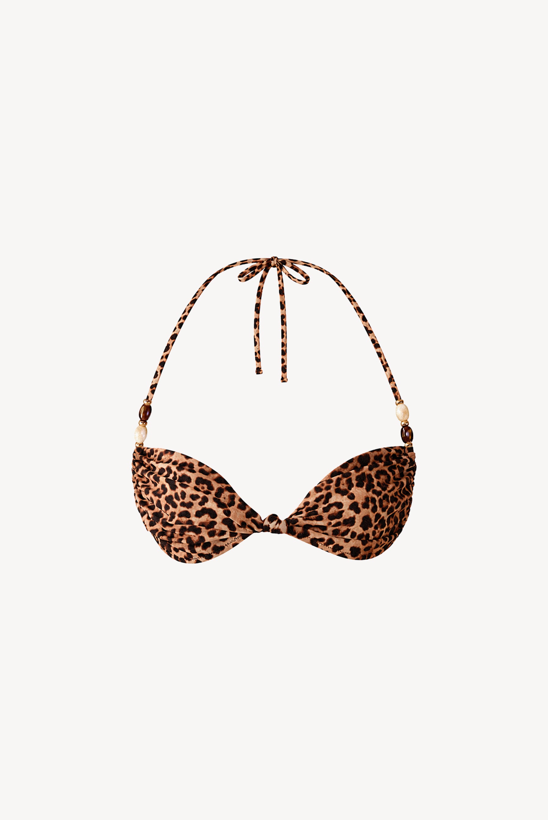 Chloe leopard print knot bikini top packshot, classic brown and beige leopard print and decorative beads