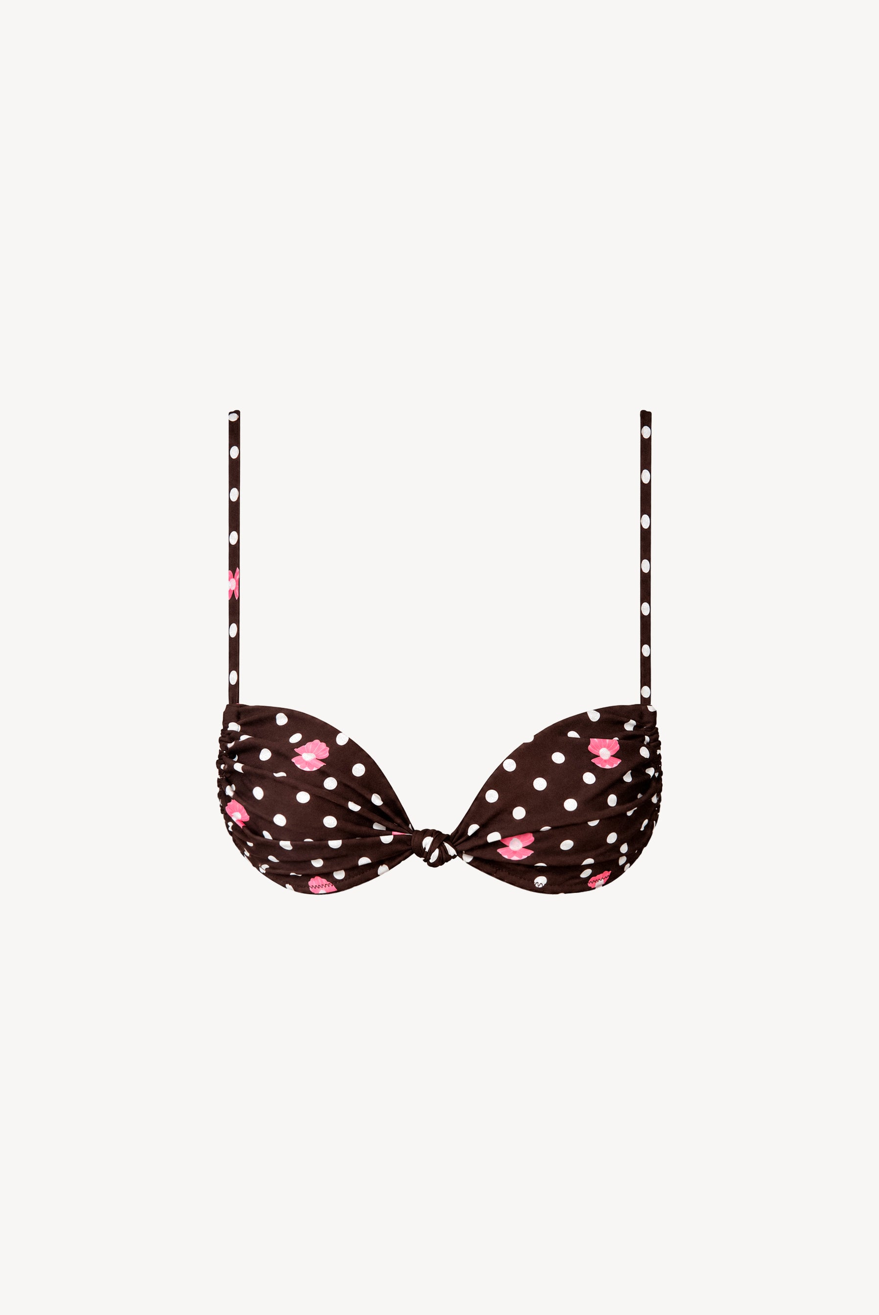 Chloe polka dot knot bikini top packshot, dark brown base with white polka dots and hand-drawn pink shells and pearls