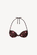 Chloe polka dot knot bikini top packshot, dark brown base with white polka dots and hand-drawn pink shells and pearls