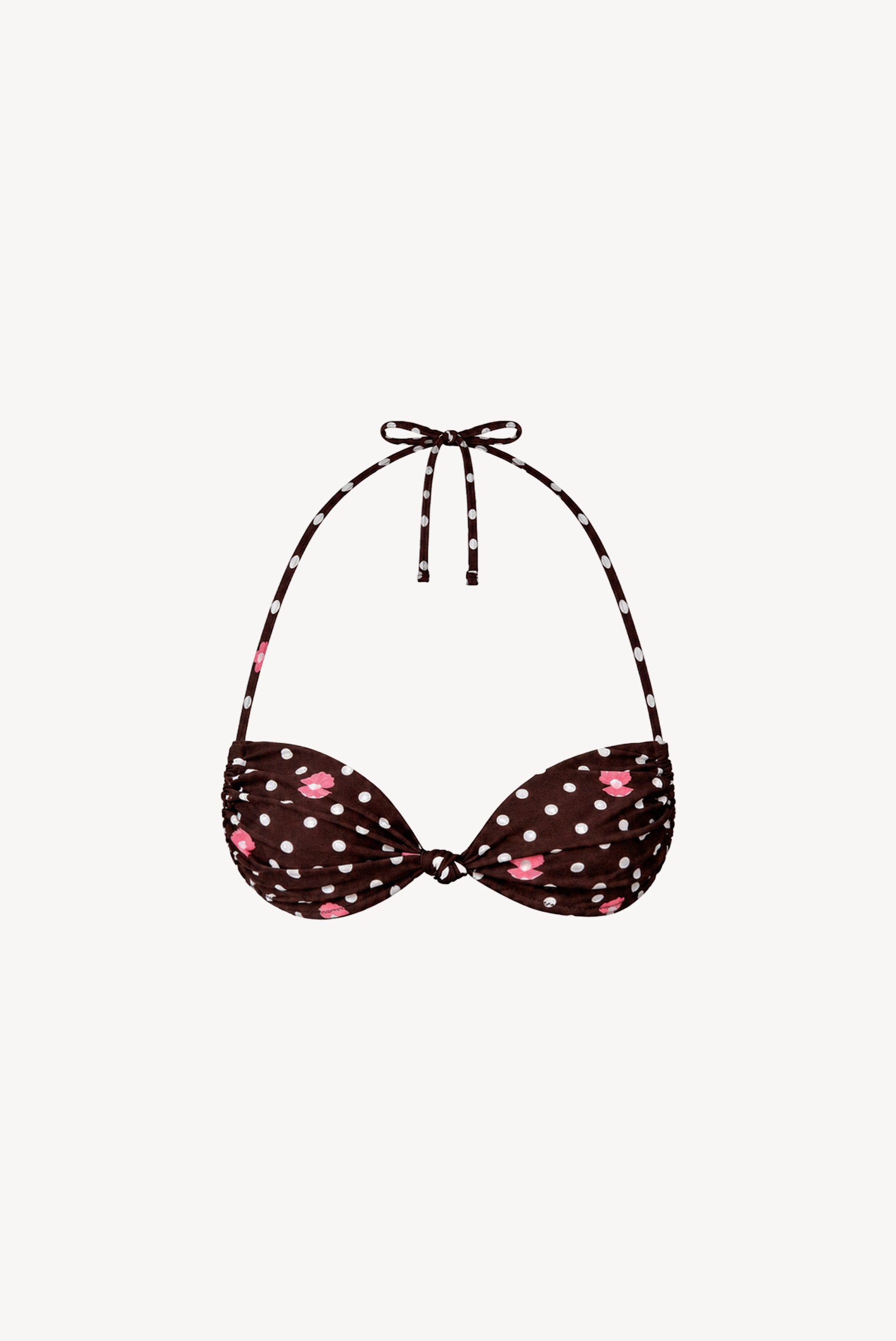 Chloe polka dot knot bikini top packshot, dark brown base with white polka dots and hand-drawn pink shells and pearls