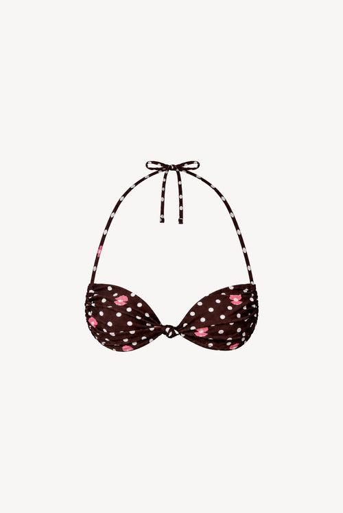 Chloe polka dot knot bikini top packshot, dark brown base with white polka dots and hand-drawn pink shells and pearls