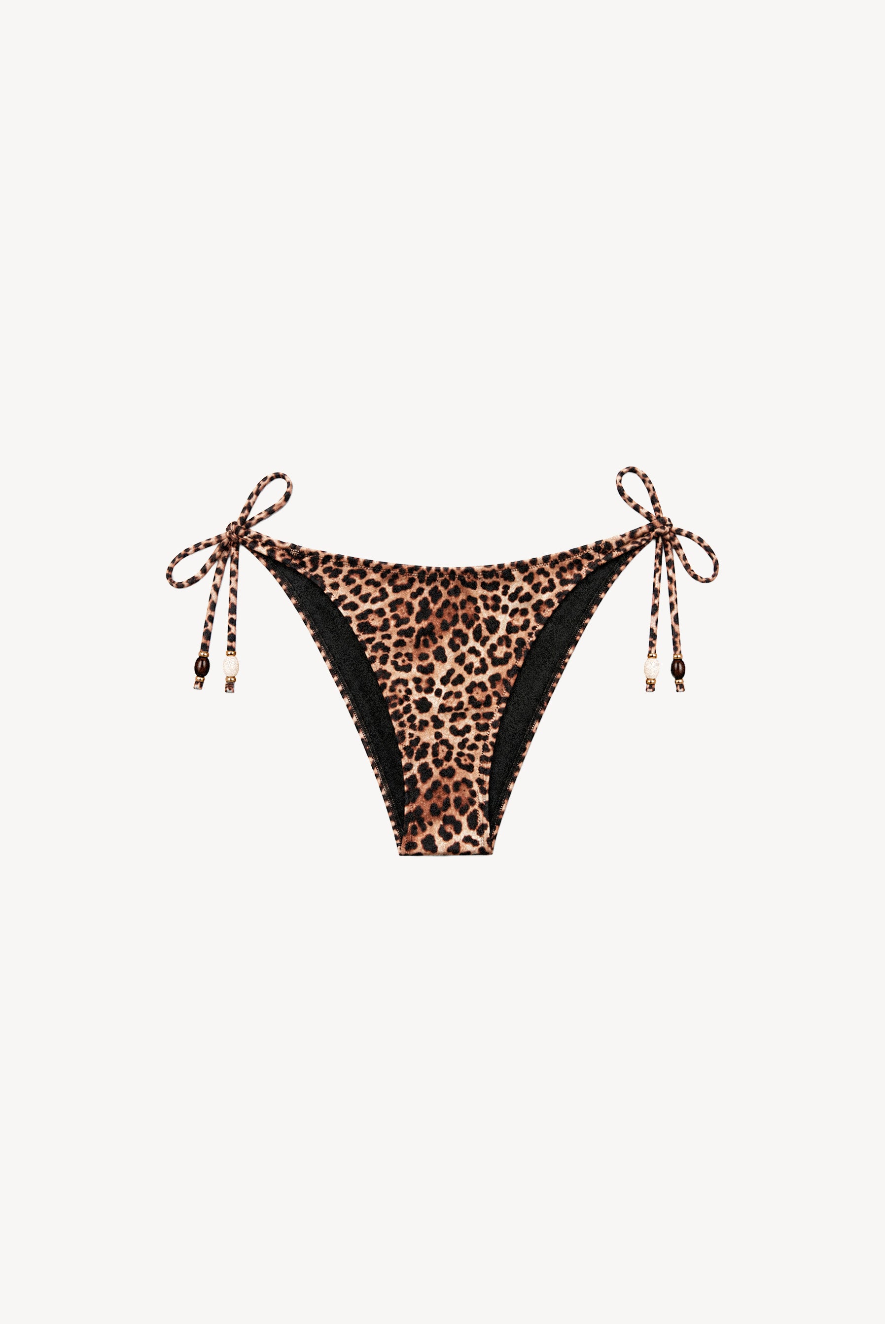 Clarissa leopard print tie-side bikini bottom packshot, brown and beige leopard print and decorative beads