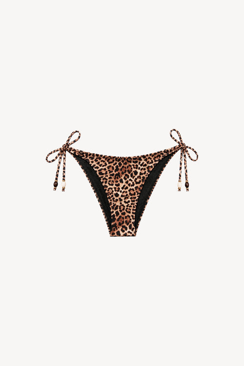Clarissa leopard print tie-side bikini bottom packshot, brown and beige leopard print and decorative beads
